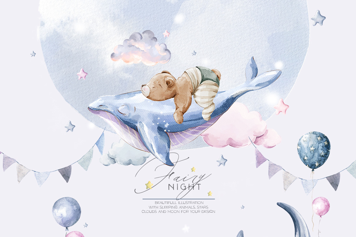 Fairy night Watercolor baby animals, an Animal Illustration by 60secondsArt (Photo 2 of 9)