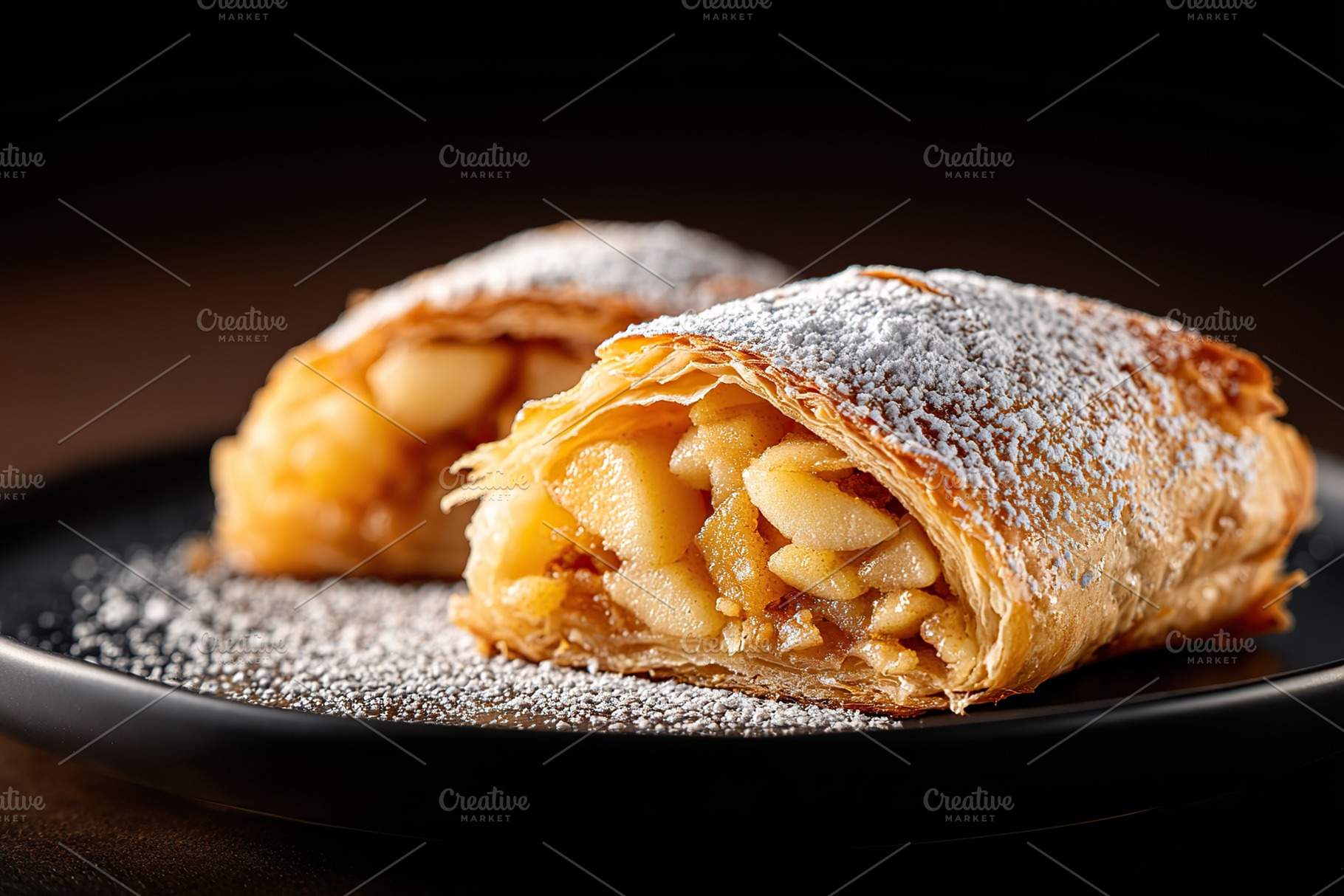 Warm apple strudel with golden crust and sweet filling served on a dark plate, a Food & Drink Photo by AlyaAnd