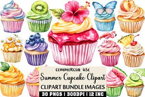 Watercolor Summer Cupcake Clipart, an Illustration by Craft Nest