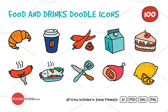 Food And Drinks Doodle Icons Set