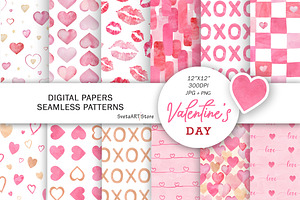 Watercolor Valentine Hearts Patterns