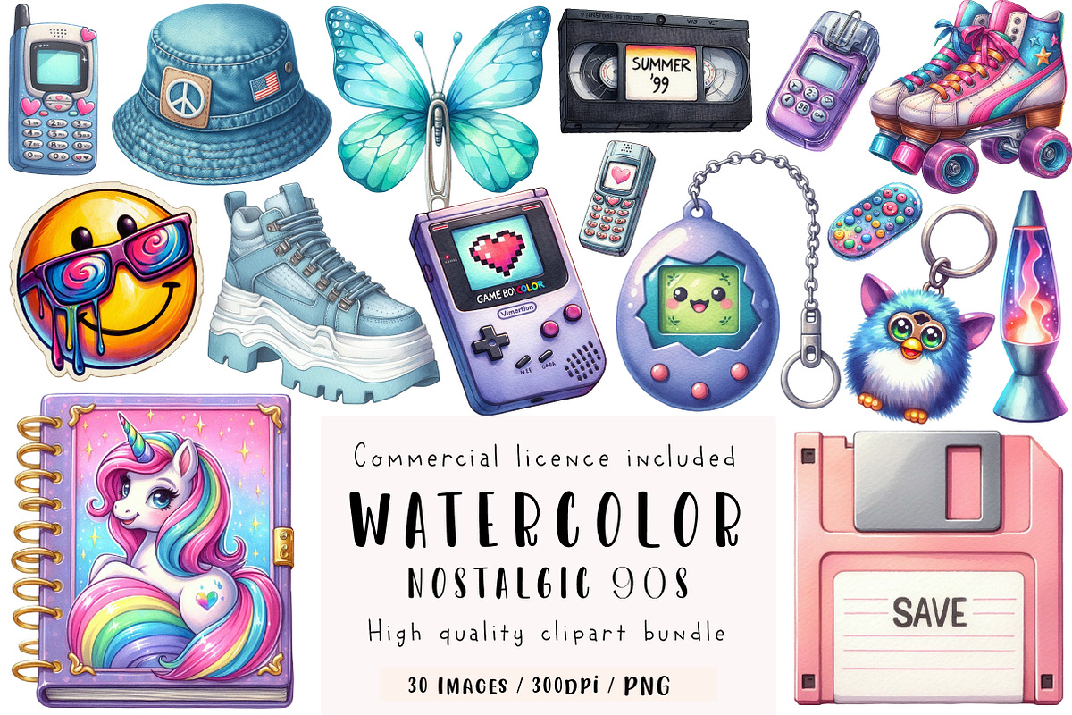 Watercolor Nostalgic 90s Clipart, an Illustration by CreationArt (Photo 1 of 4)