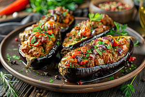 Eggplant stuffed with vegetables and meat in plate, a Food & Drink Photo by AlyaAnd