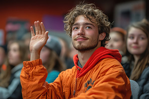 Young man in orange jacket smiling a, a Photo by Tanuart