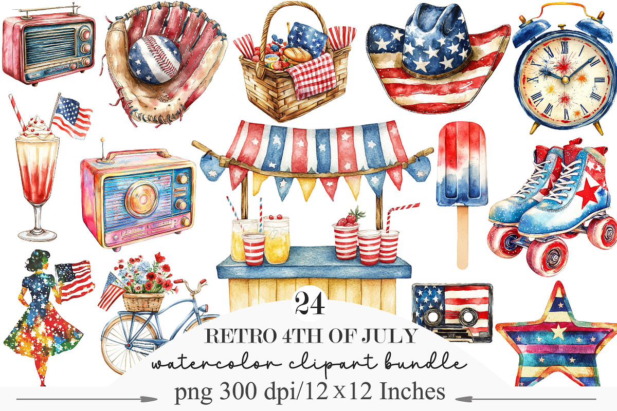 Watercolor Retro 4th of July Clipart, an Illustration by Designking (Photo 1 of 5)