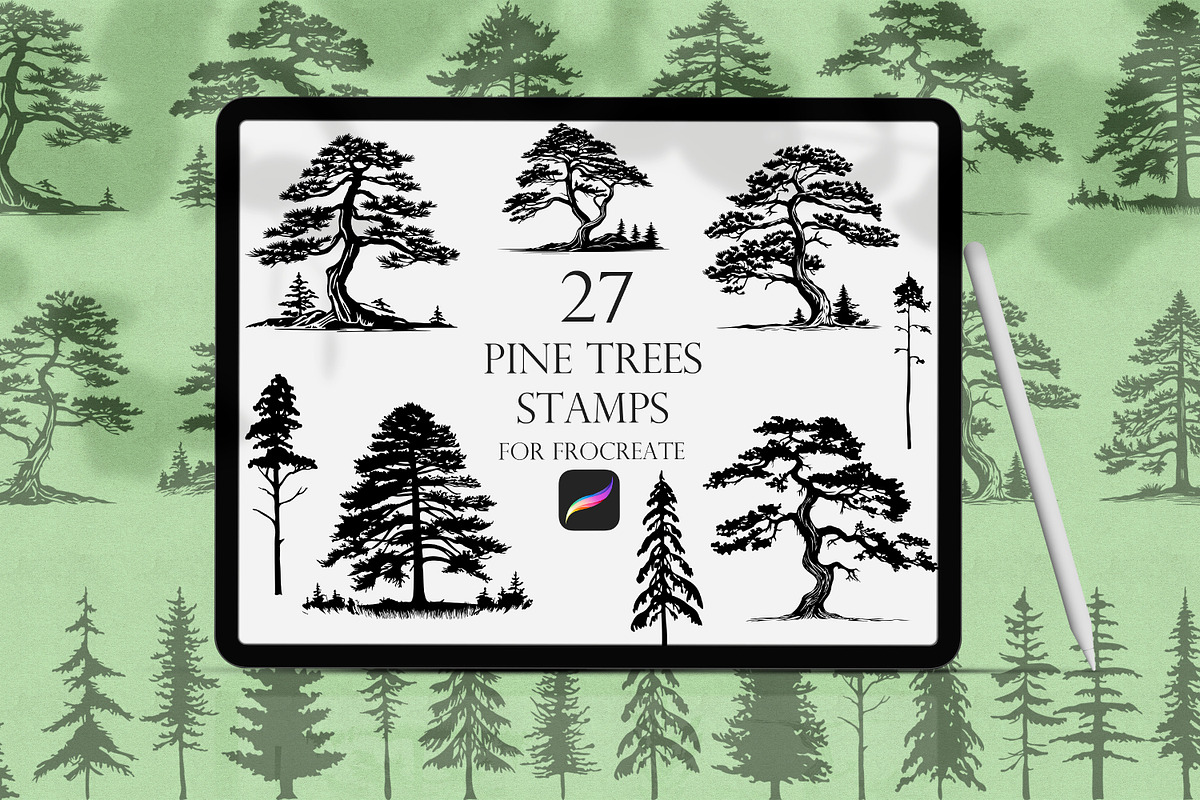 Pine Trees Procreate Stamps, a Brush Add-On by Dervik Art Store (Photo 1 of 5)