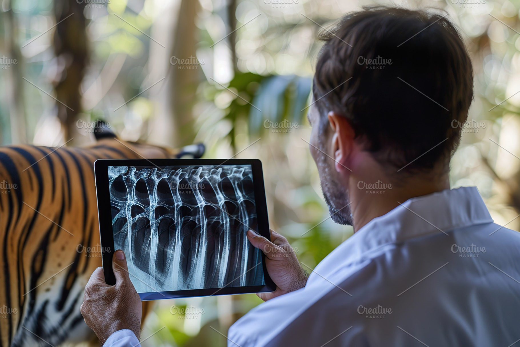 Male veterinarian assesses the tiger health on tablet with X-ray scan, a Health & Medical Photo by AlyaAnd
