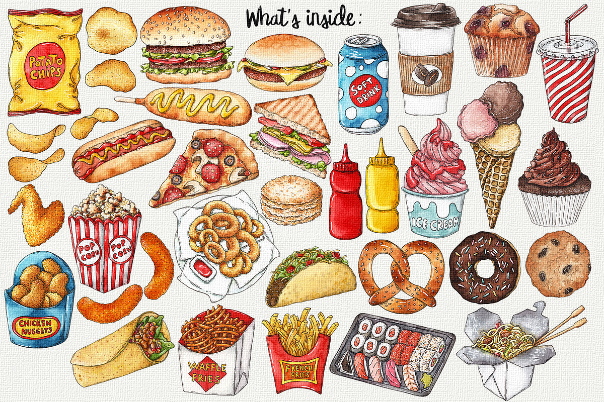 Fast food watercolor clipart, an Object Illustration by Trinibis (Photo 2 of 3)