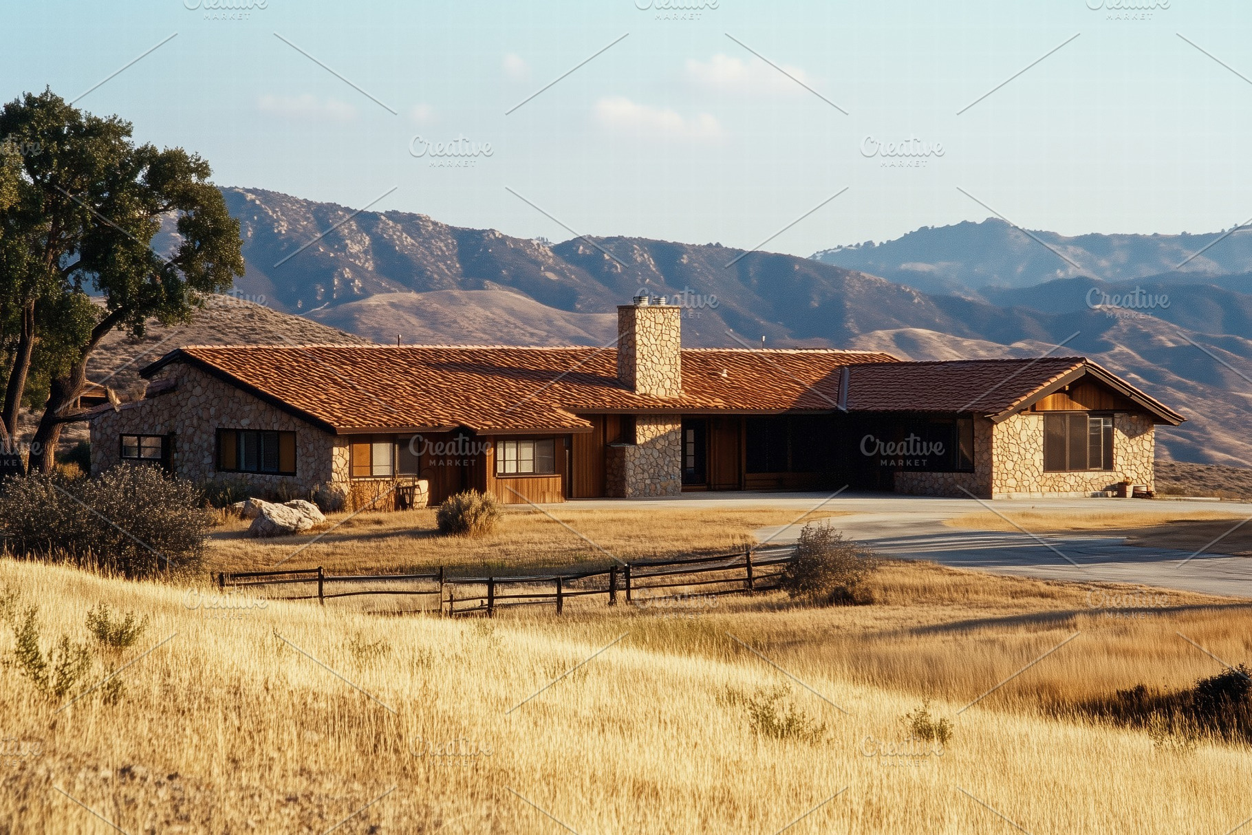 A picturesque ranch-style Traditional Ranch-style house with a stone exterior a, an Architecture Photo by Textures & Backgrounds