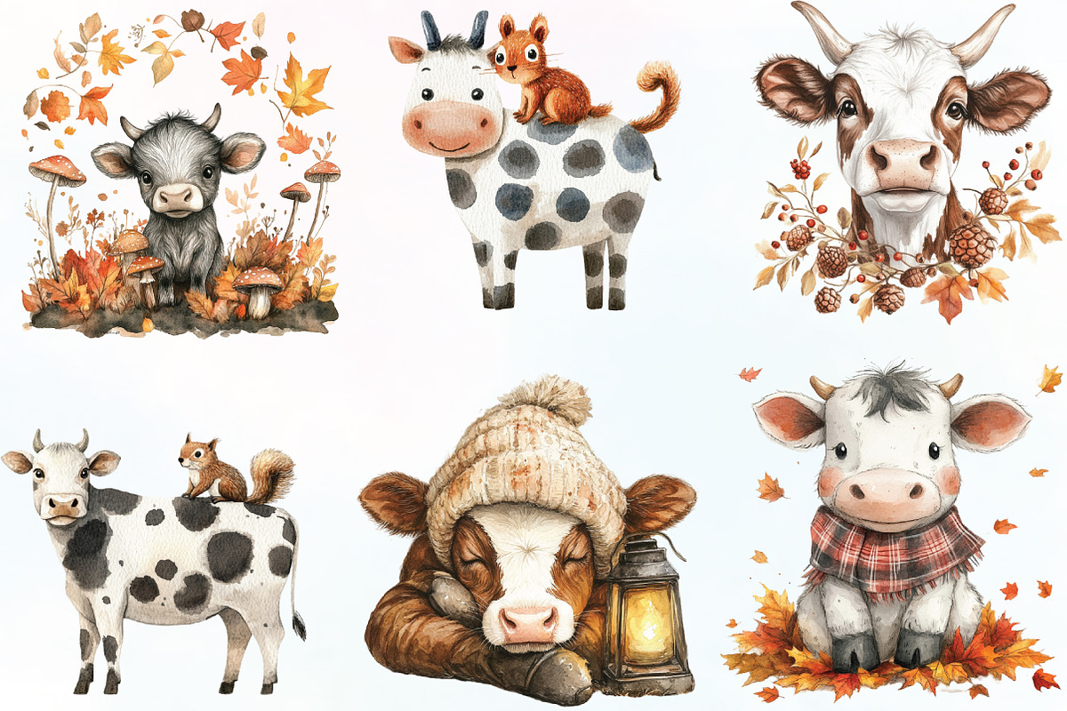 Watercolor Autumn Cow Clipart, an Illustration by CraftArtStudio (Photo 3 of 6)