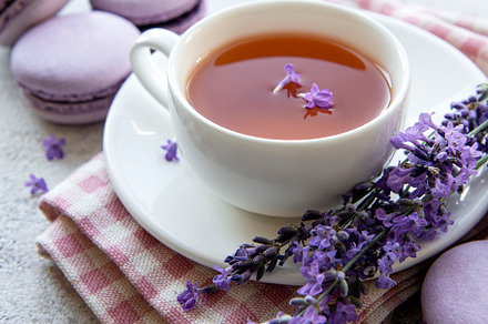 Cup of tea with macaroon dessert with lavender flavor, a Food & Drink Photo by Olena Rudo