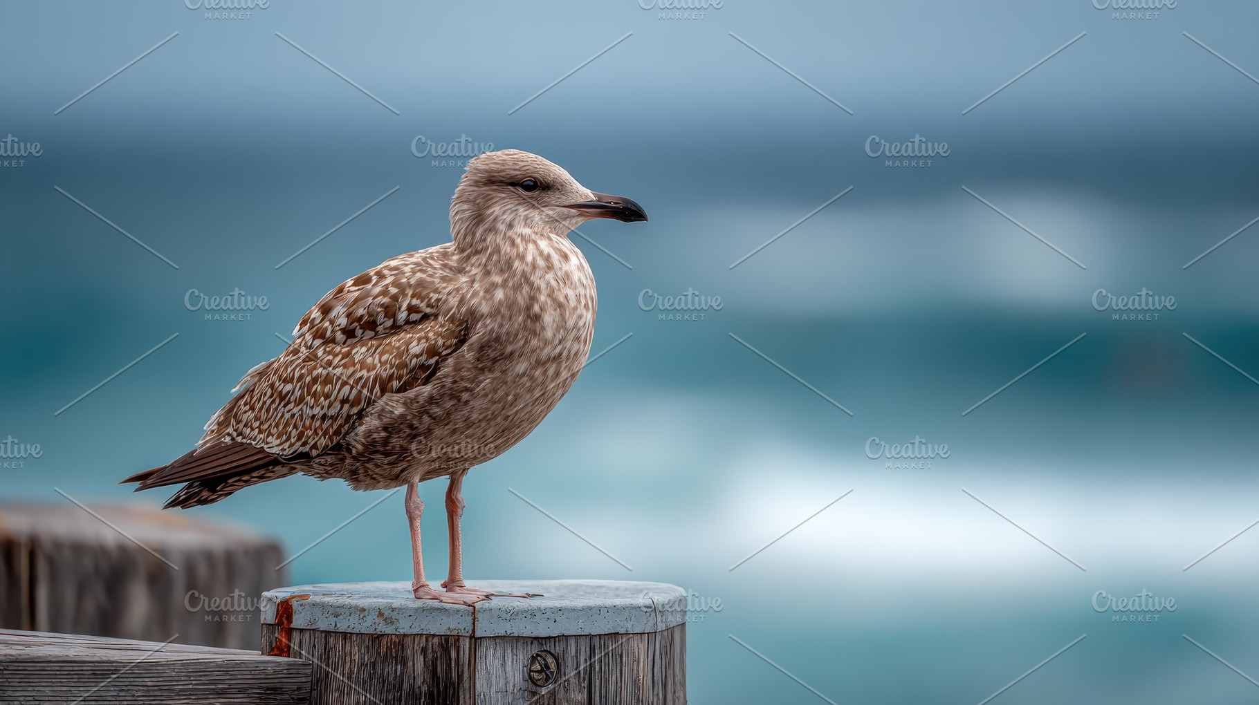 Juvenile seagull perched on wooden p, a Photo by Pixeness Studio