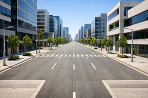 Urban empty street under clear blue, a Photo by Dvoevnore photos