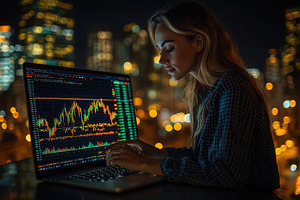 Woman analyzing stock market trends, a Photo by Tanuart