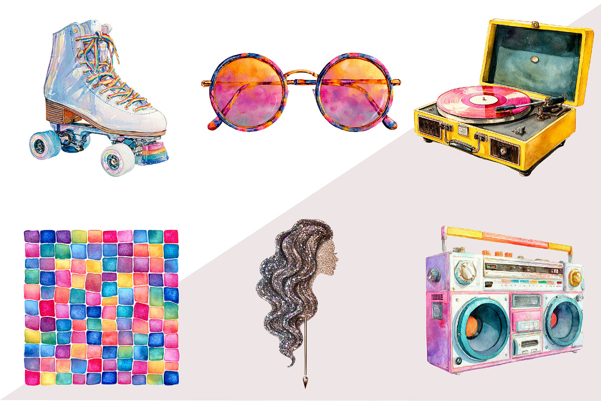 Watercolor Retro Disco Clipart, an Illustration by Design Market (Photo 2 of 3)