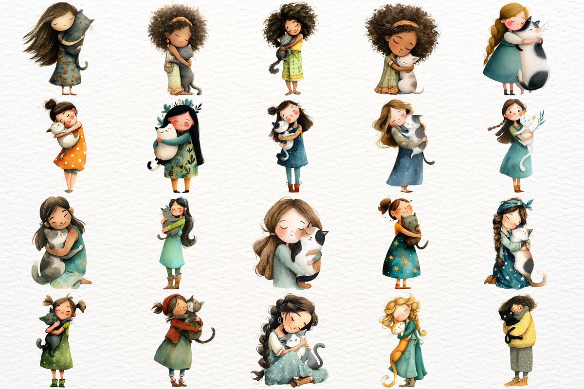 Girl with Cat Watercolor Clipart PNG, an Animal Illustration by SugarCloudStudioArt (Photo 2 of 5)