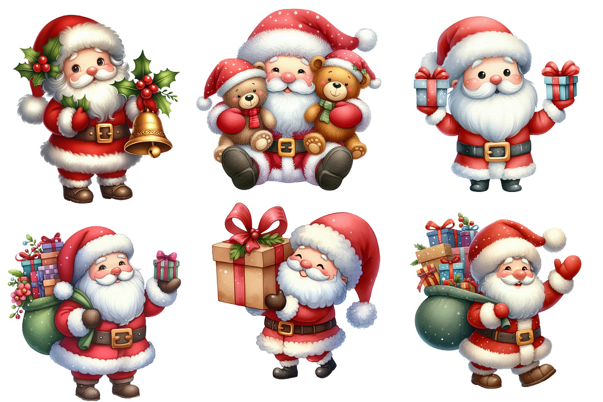 Watercolor Cute Santa Clipart Bundle, an Illustration by Designworld (Photo 4 of 6)