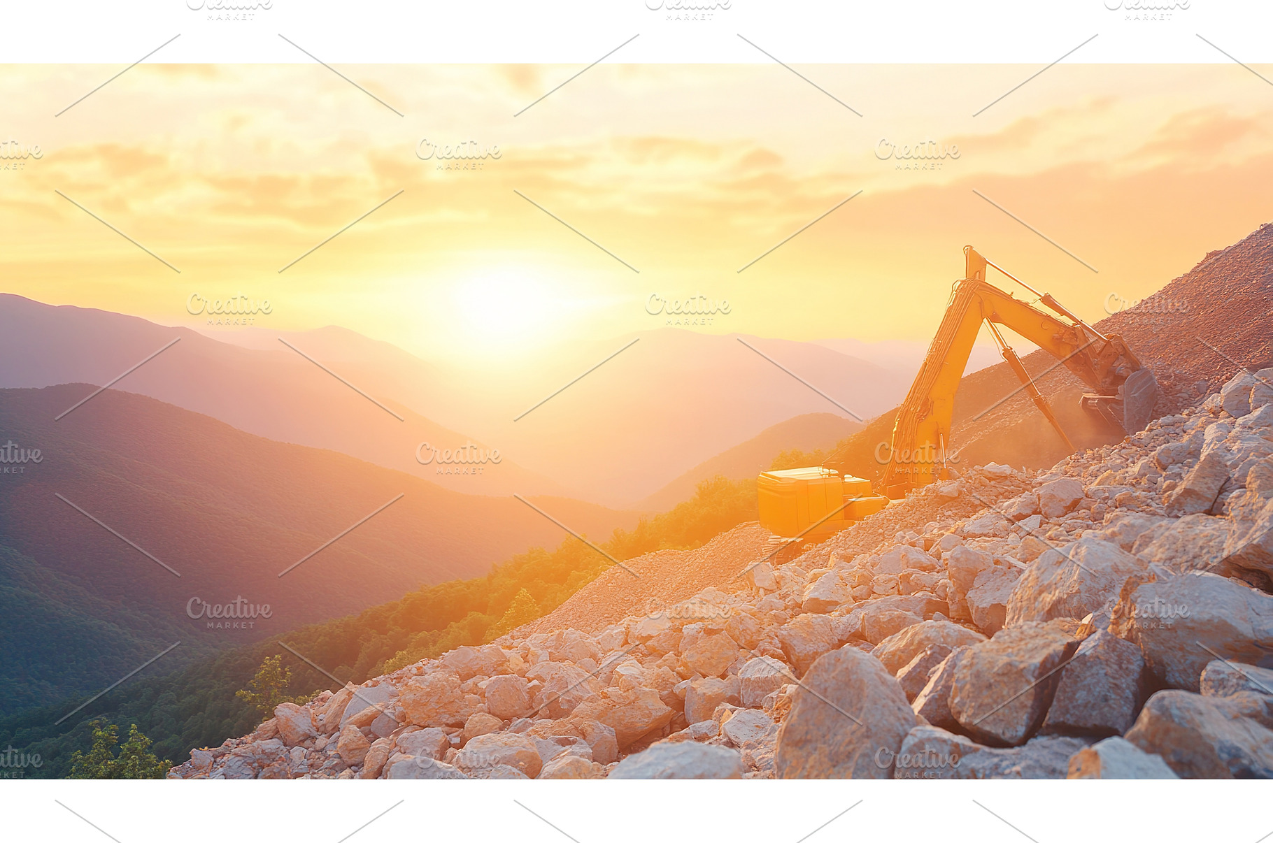 Excavator working at sunset on rocky, an Industrial Photo by Lermont51