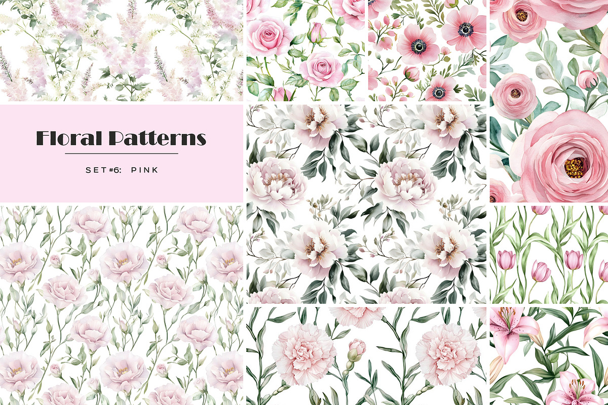 Watercolor pink flowers patterns set, a Pattern Graphic by Art and Funny (Photo 1 of 8)