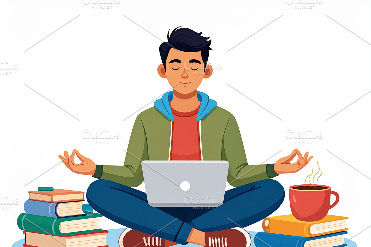 Student on the floor surrounded by notebooks, headphones, coffee, an Education Illustration by DanFLCreativo