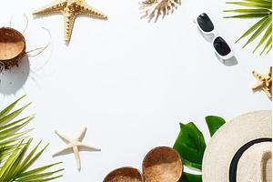 Summer flat lay background with palm, a Holiday Photo by Nadia-nb