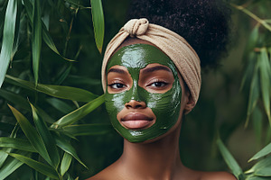 Woman with green facial mask in bamboo leaves, a Person Photo by Photostock