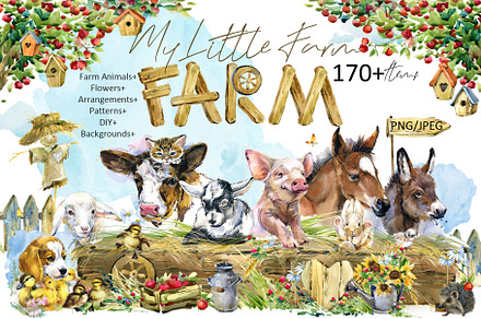 Watercolor Farm Pets Animals.