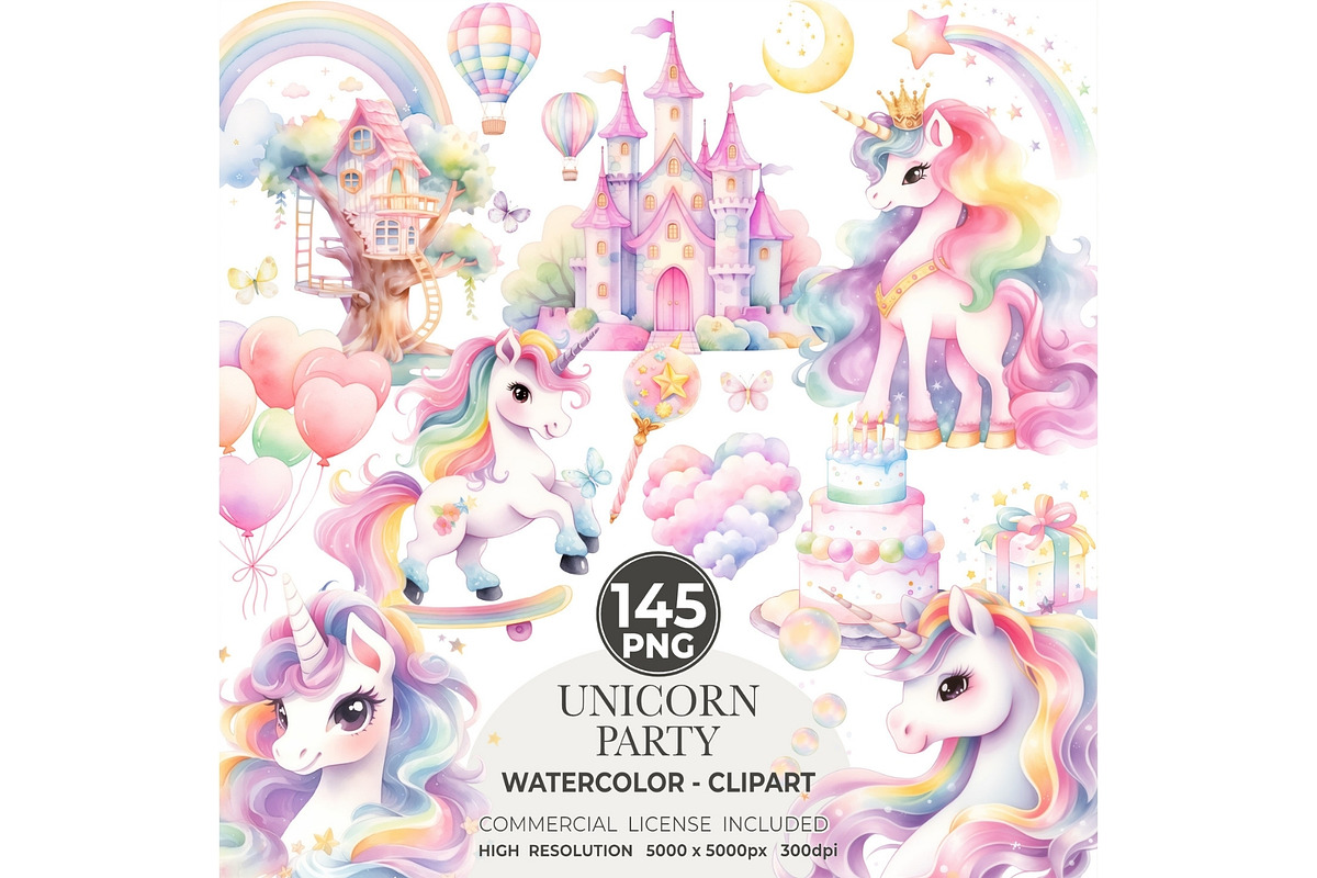 Pastel Unicorn Watercolor Clipart, an Illustration by CharmClipart (Photo 1 of 10)