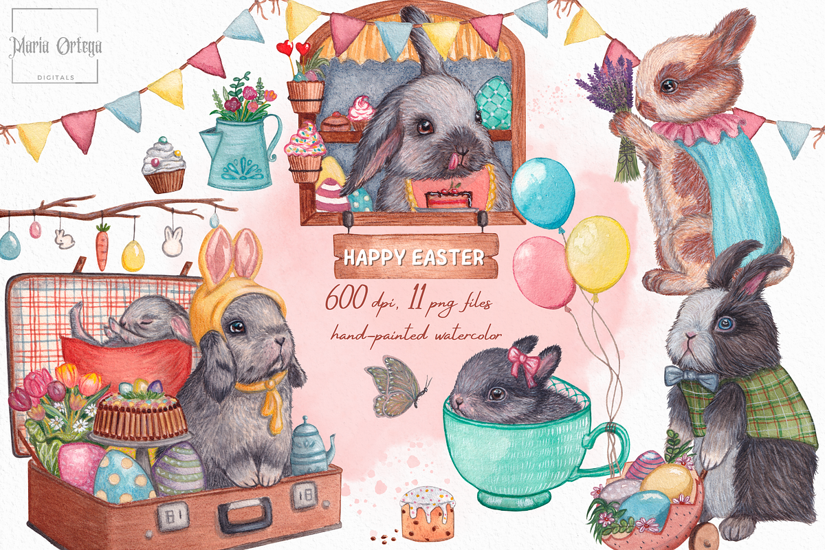 Happy Easter Watercolor Clipart, an Illustration by MariaOrtegaDigitals (Photo 1 of 6)