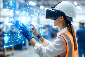 Factory technician wearing a sleek AR headset hand tapping a flo, a Technology Photo by DanFLCreativo