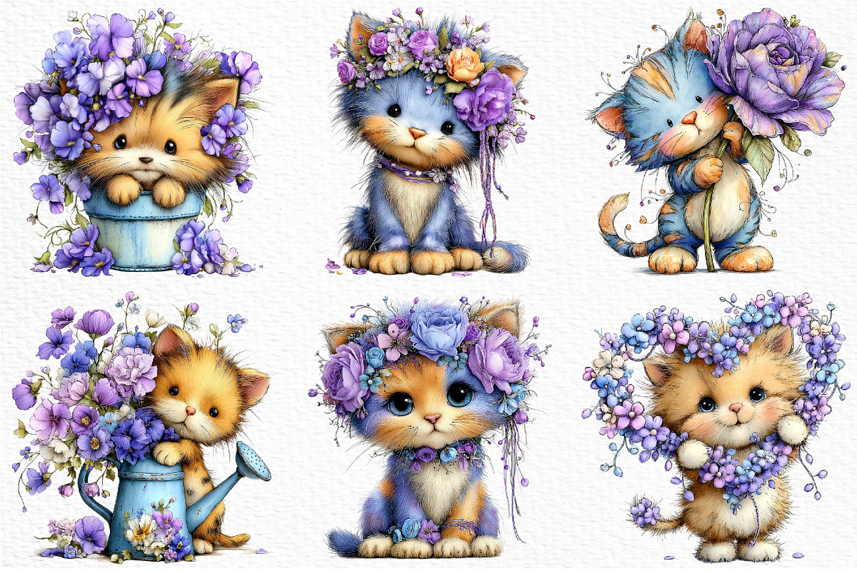 Whimsical Floral Cat Clipart Bundle, a Seasonal Illustration by Craft Nest (Photo 4 of 12)