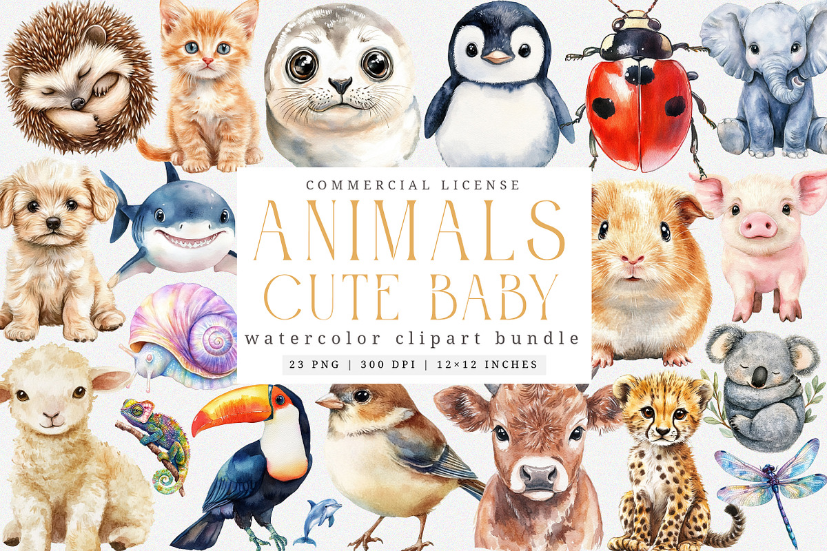 Watercolor Animals Cute Baby Animal, an Illustration by SinaCreation (Photo 1 of 7)