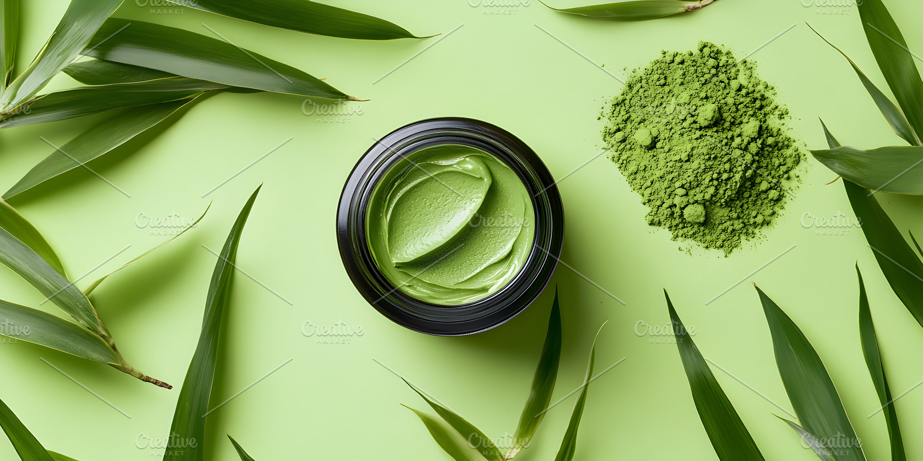 Green face mask cream with powder and leaves, a Beauty & Fashion Photo by Photostock
