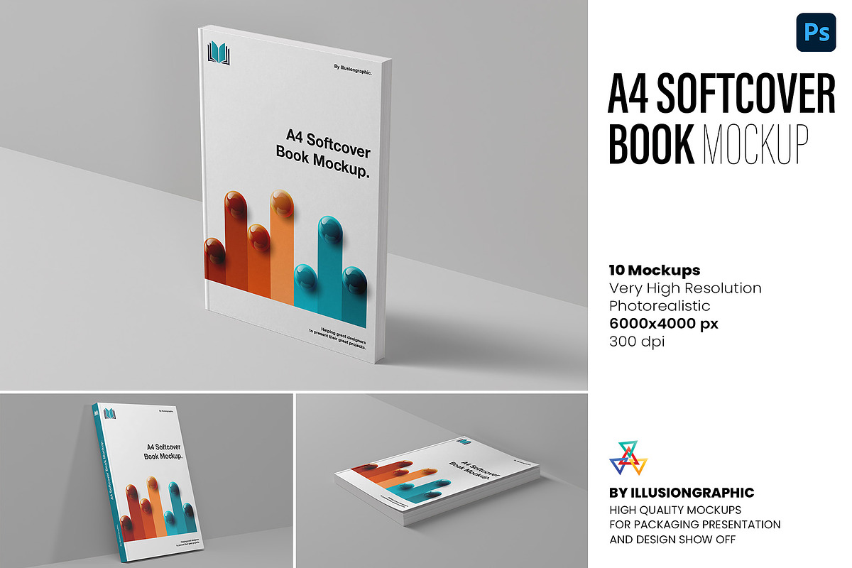 A4 Softcover Book Mockup - 10 views, a Books & Magazine Mockup by Illusiongraphic (Photo 1 of 25)