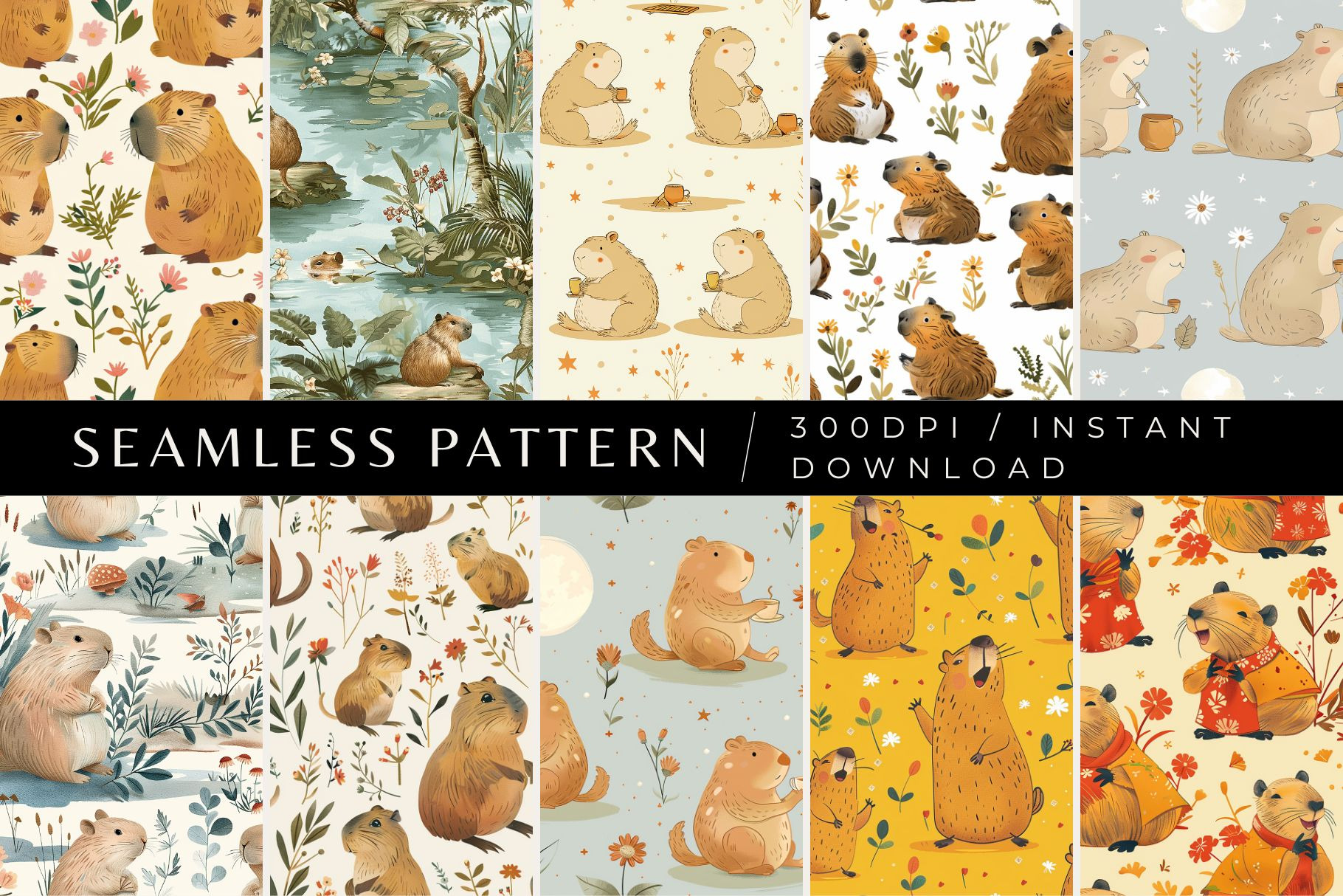 10 Capybara Seamless Patterns, a Pattern Graphic by Inknfolly