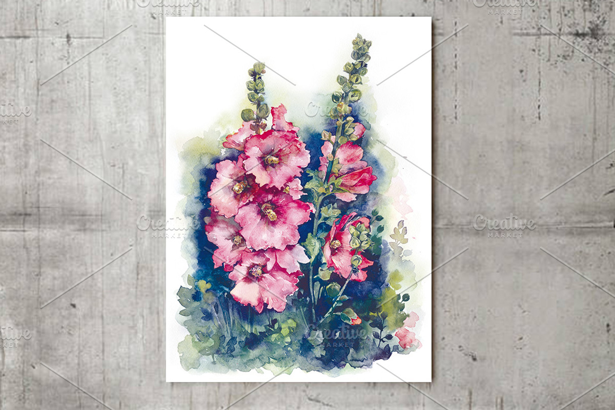 SALE! Watercolor Hollyhocks flowers, a Decorative Illustration by MaryAmi (Photo 2 of 3)