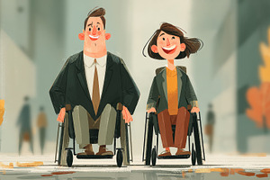 Two colleagues in wheelchairs smiling together outdoors in autumn, a Photo by AS photostudio