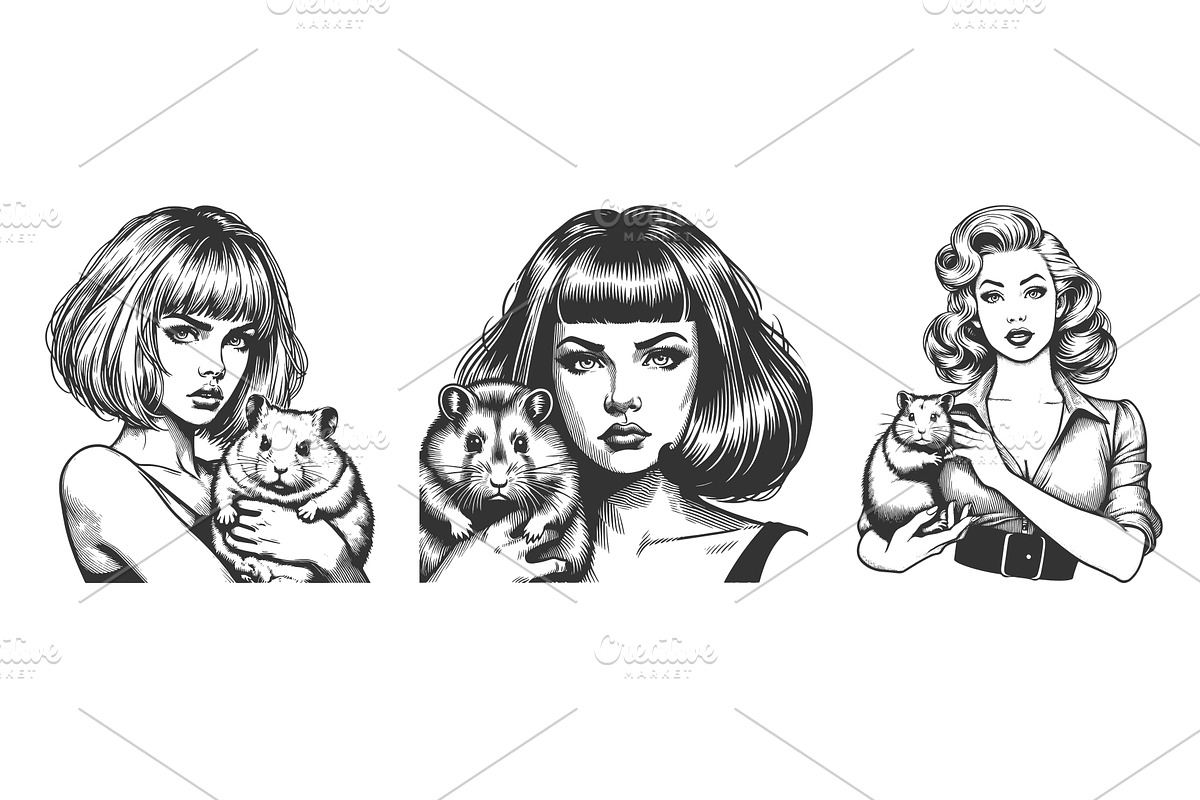 Women Holding Hamsters engraving, a Person Illustration by AlexArt