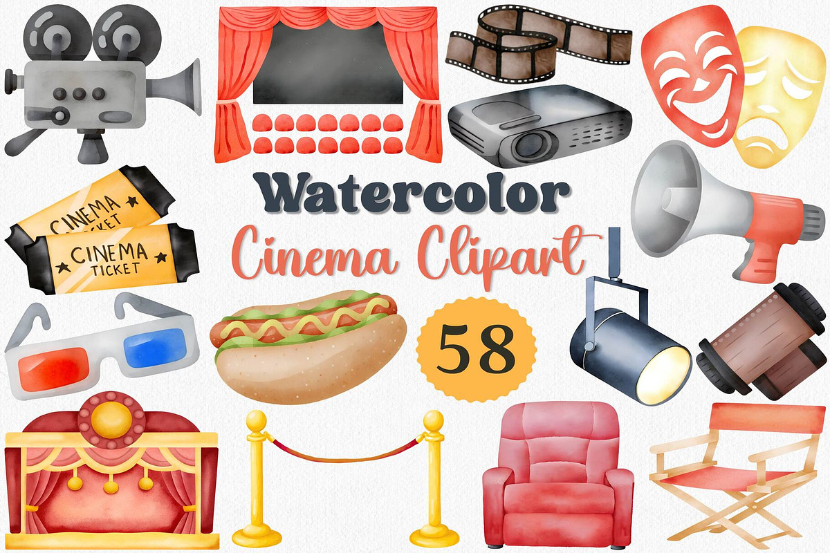 Watercolor Cinema Clipart, Movie PNG, an Illustration by CropUp Creative (Photo 1 of 4)