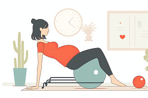 Pregnant woman practicing prenatal yoga with a stability ball indoors, an Illustration by AS photostudio