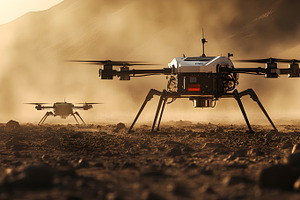 Drones landing in desert during dust, a Food & Drink Photo by Photostock
