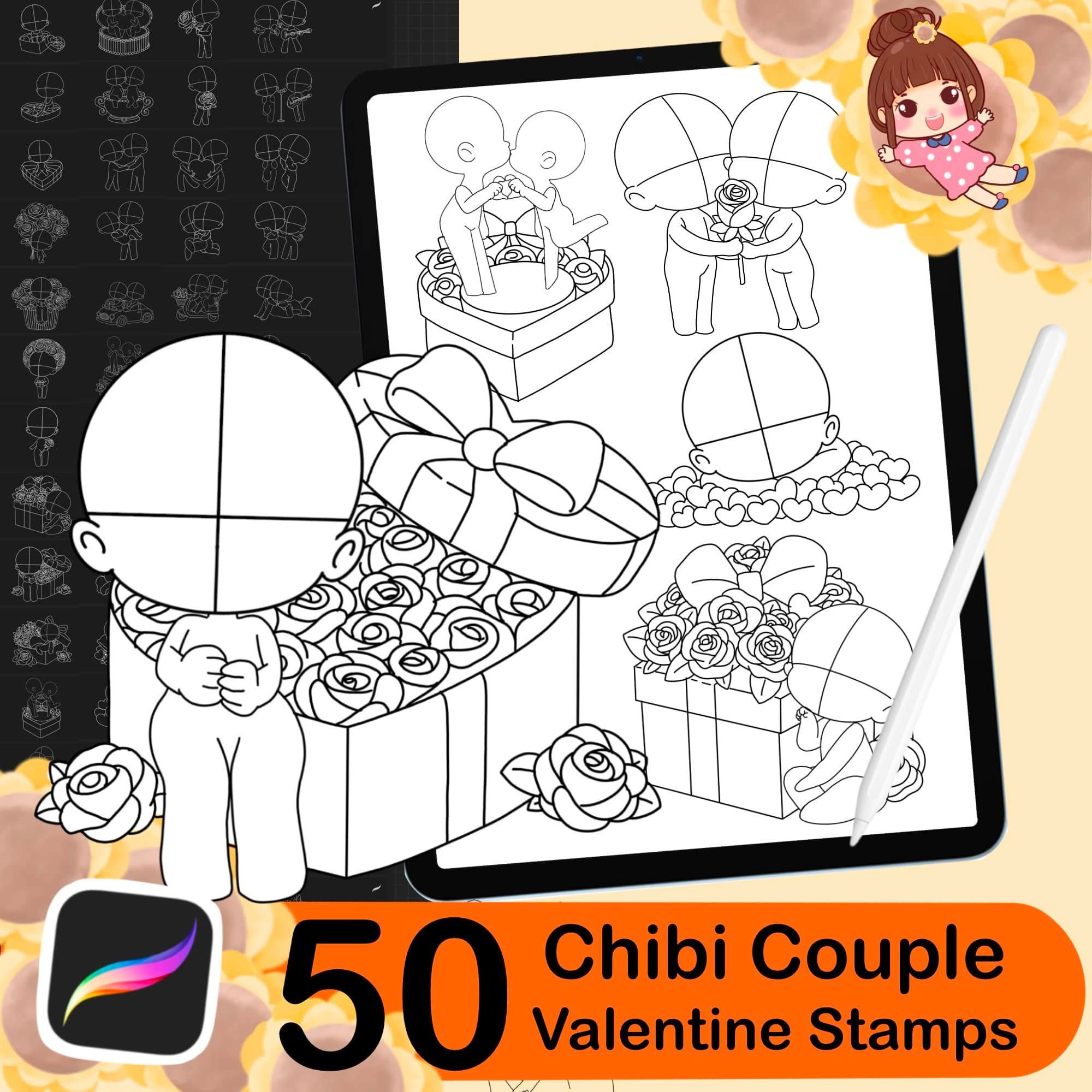 50 Procreate Chibi Couple Valentine, a Brush Add-On by DrawingStoryShop