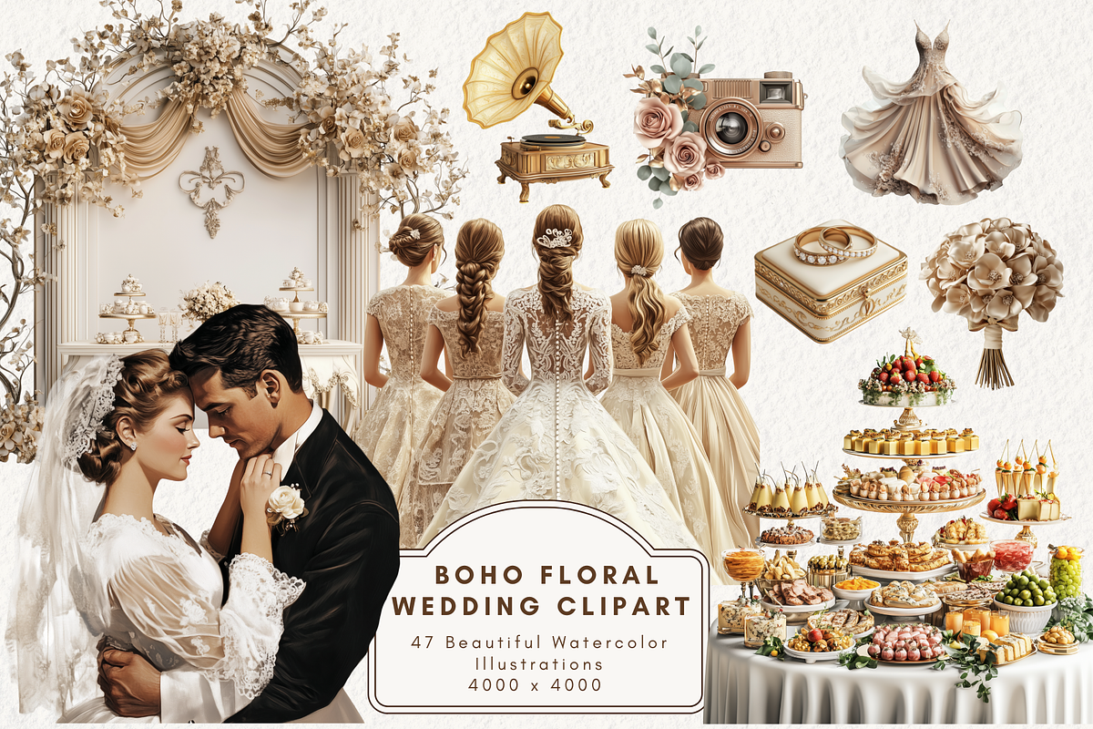 Boho Floral Wedding Clipart, an Illustration by NadiaTheronArt (Photo 1 of 5)