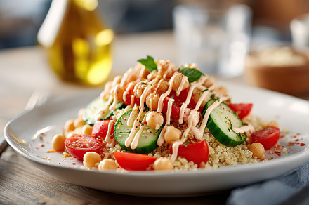 Vegan salad with quinoa, chickpeas, fresh veggies, and creamy dressing in a coz, a Food & Drink Photo by AlyaAnd