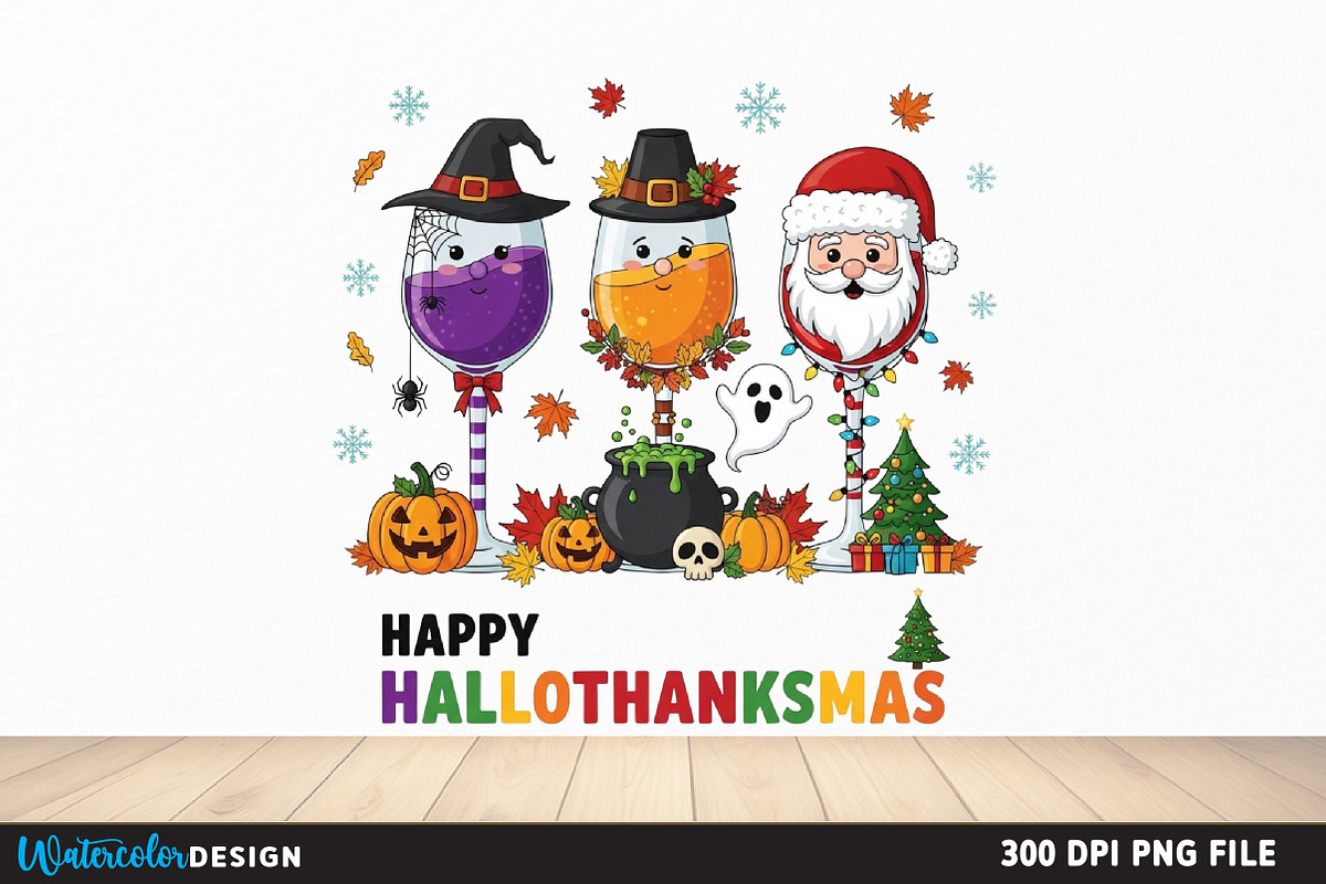 Happy HalloThanksMas Wine Shirt, an Illustration by Watercolor design (Photo 6 of 6)