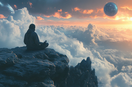 Meditative Figure Above Cloudscape C, a Background Photo by Pixeness