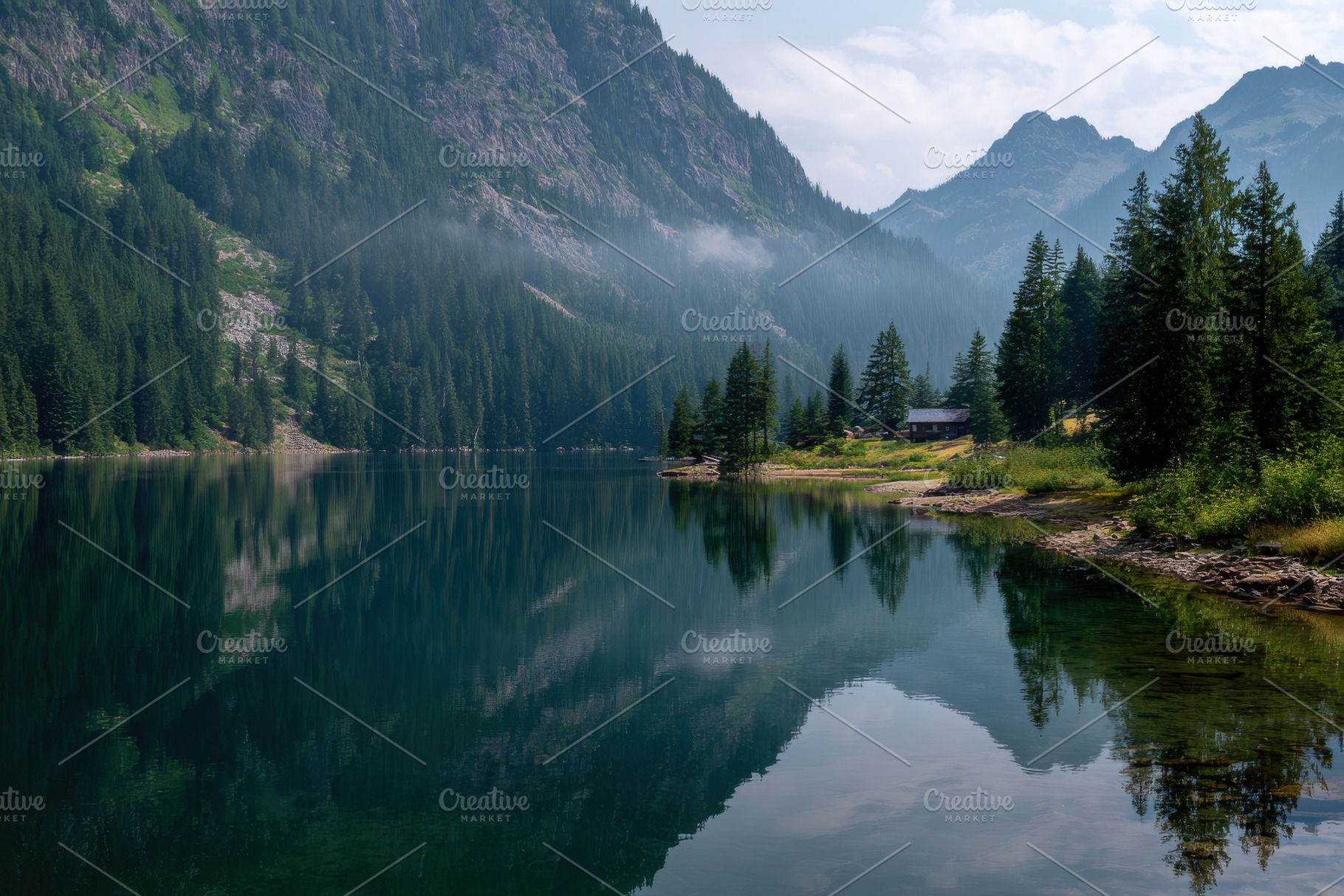 Mountain lake cabin reflection seren, a Photo by Pixeness Studio