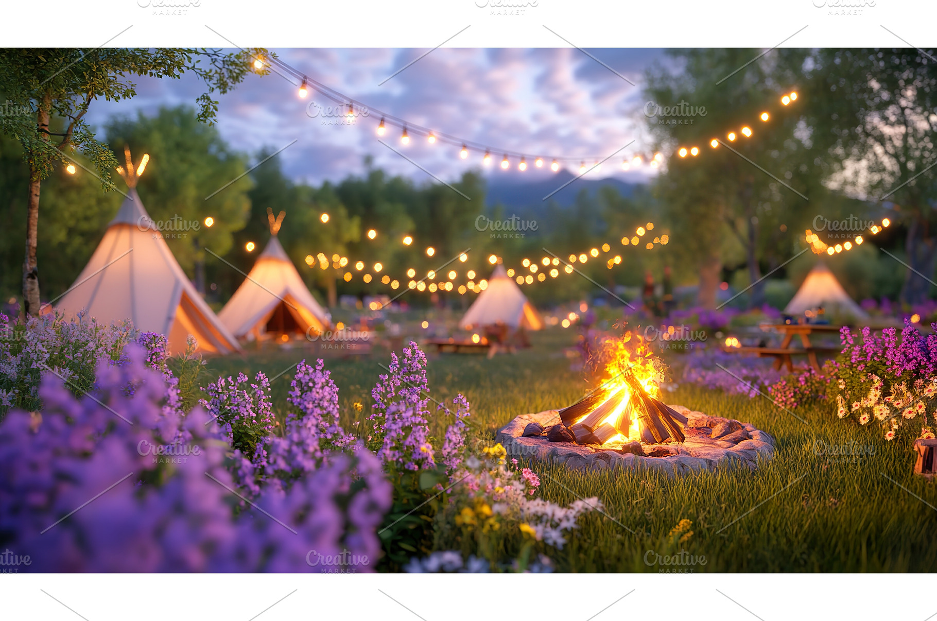 Cozy campfire scene with tents and, a Nature Photo by Lermont51