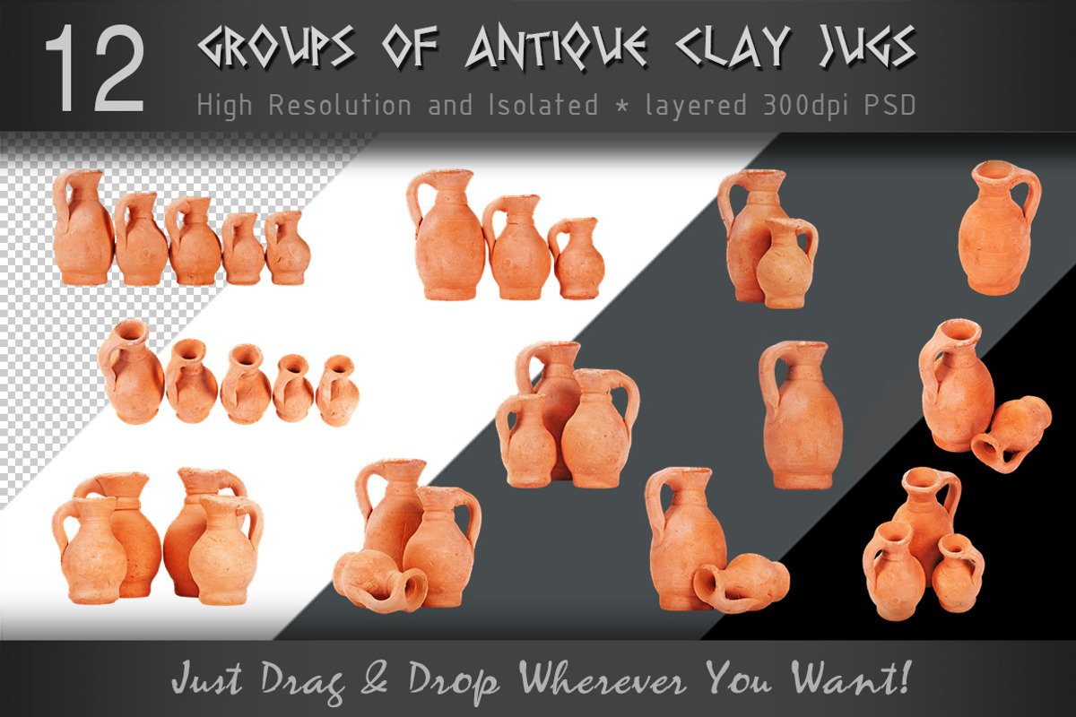 12 High Resolution Antique Clay Jugs, an Object Graphic by Zver