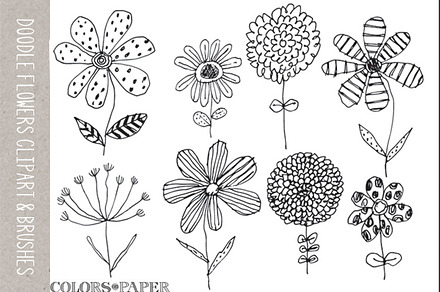 8 Doodle Flowers Clipart & Brushes